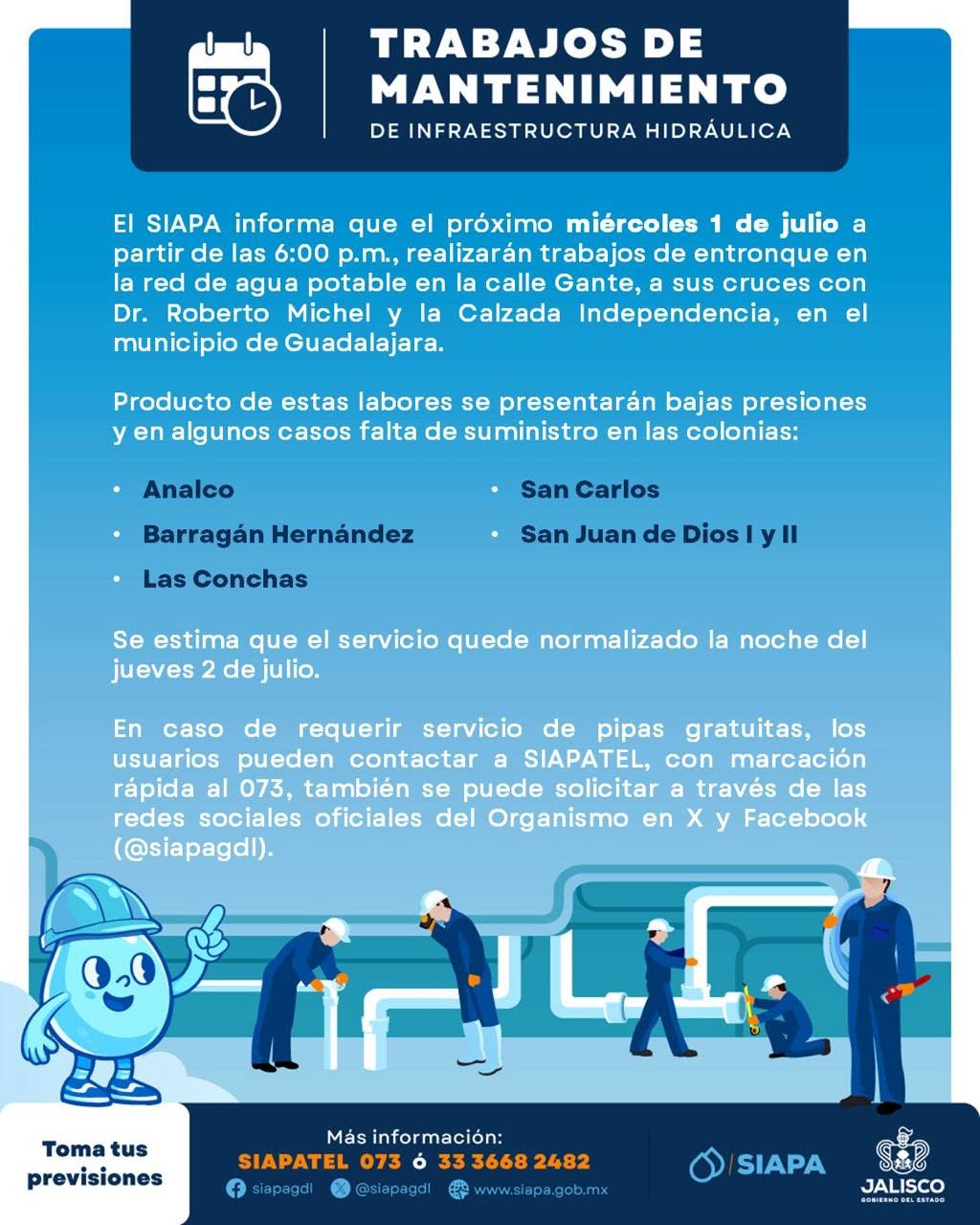 Siapa anunció cortes de agua y baja presión en varias colonias de Guadalajara a partir de este miércoles 1 de julio. Revisa la lista y cómo pedir pipas gratis.
