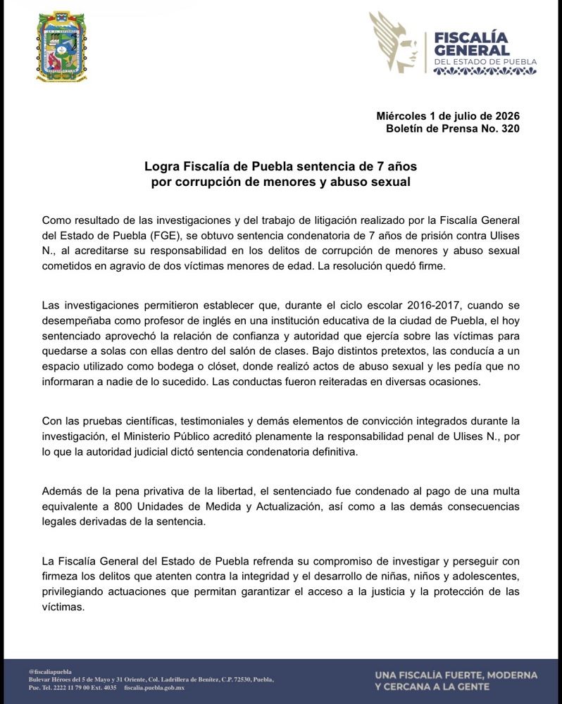 Comunicado de la Fiscalía de Puebla donde indica la sentencia contra un agresor sexual.