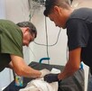 Se observa a dos hombres, los dos están mirando a un bebé acostado y tapado con una cobija.