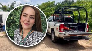 Imagen de una mujer sobrepuesta a otra imagen de una patrulla policiaca de Veracruz.