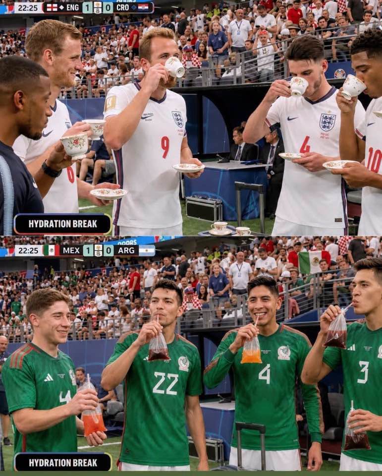 Imagen creada con IA sobre la pausa de hidratación del partido de México vs Inglaterra