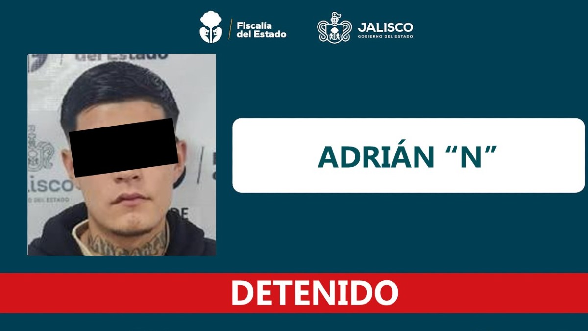 Ficha de detención de la Fiscalía de Jalisco de Adrián 'N' con una imagen del detenido con los ojos censurados por un recuadro negro