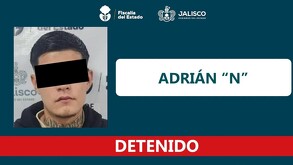 Ficha de detención de la Fiscalía de Jalisco de Adrián 'N' con una imagen del detenido con los ojos censurados por un recuadro negro