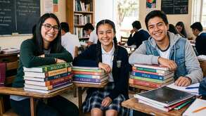Tres estudiantes de diferentes edades sentados frente a una mesa con varias pilas de libros en un salón de clases