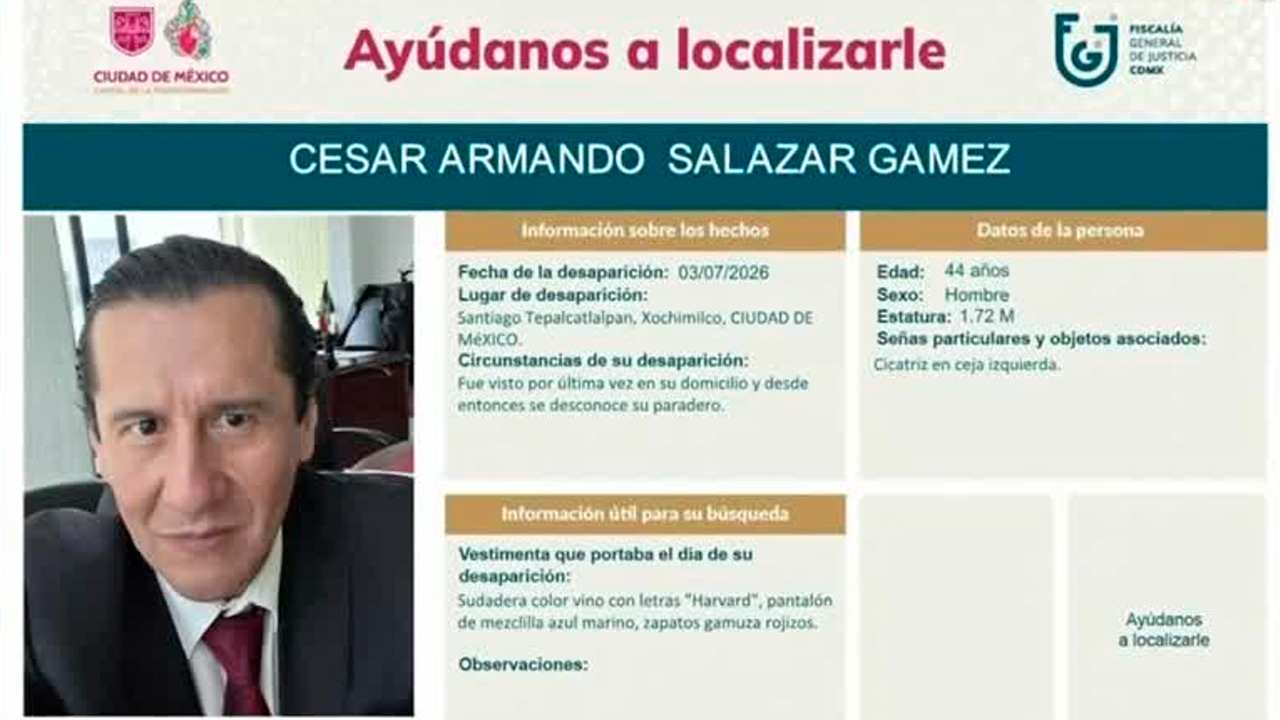 Autoridades y familiares buscan a César Armando Salazar Gamez, de 44 años, visto por última vez en Santiago Tepalcatlalpan, alcaldía Xochimilco.