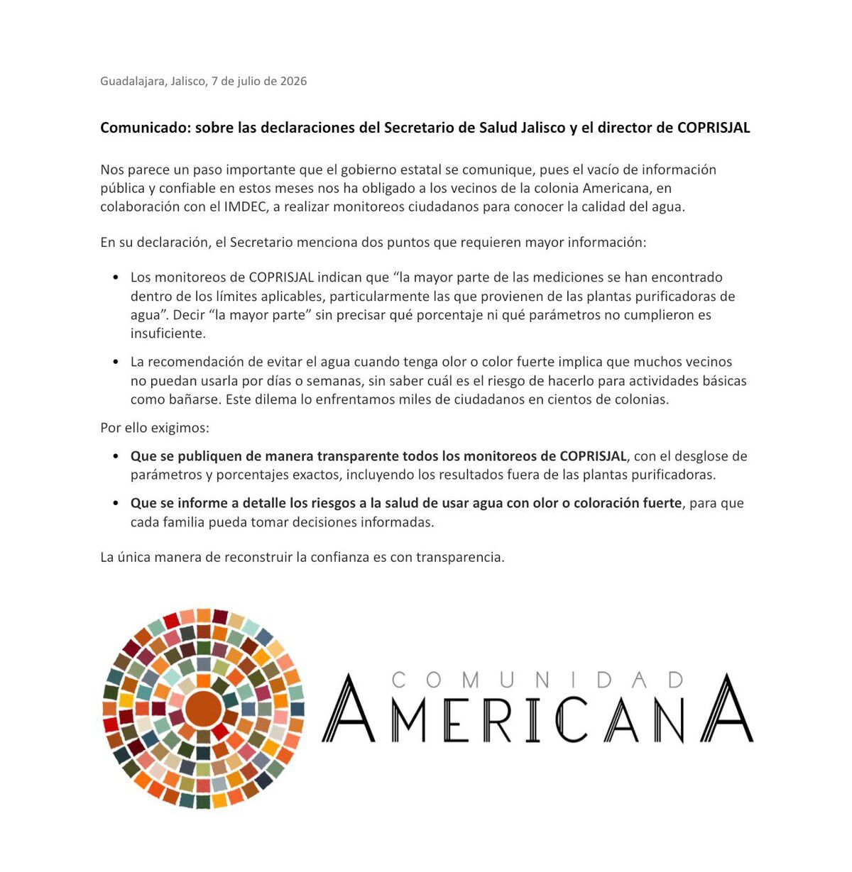 Habitantes de la colonia Americana exigen a Coprisjal publicar datos exactos sobre la calidad del agua en Guadalajara y detallar los riesgos reales a la salud.