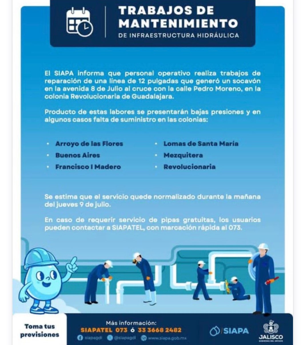Anuncio publicitario del Siapa anunciando cortes de agua en Guadalajara y la lista de colonias afectadas por la reparación de un socavón