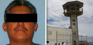Hombre de bigote y cabello canoso detenido por autoridades de Oaxaca, junto a una foto del penal de Tanivet, en Oaxaca.