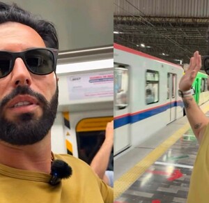 Poncho de Nigris subiendo al Metro en Monterrey.