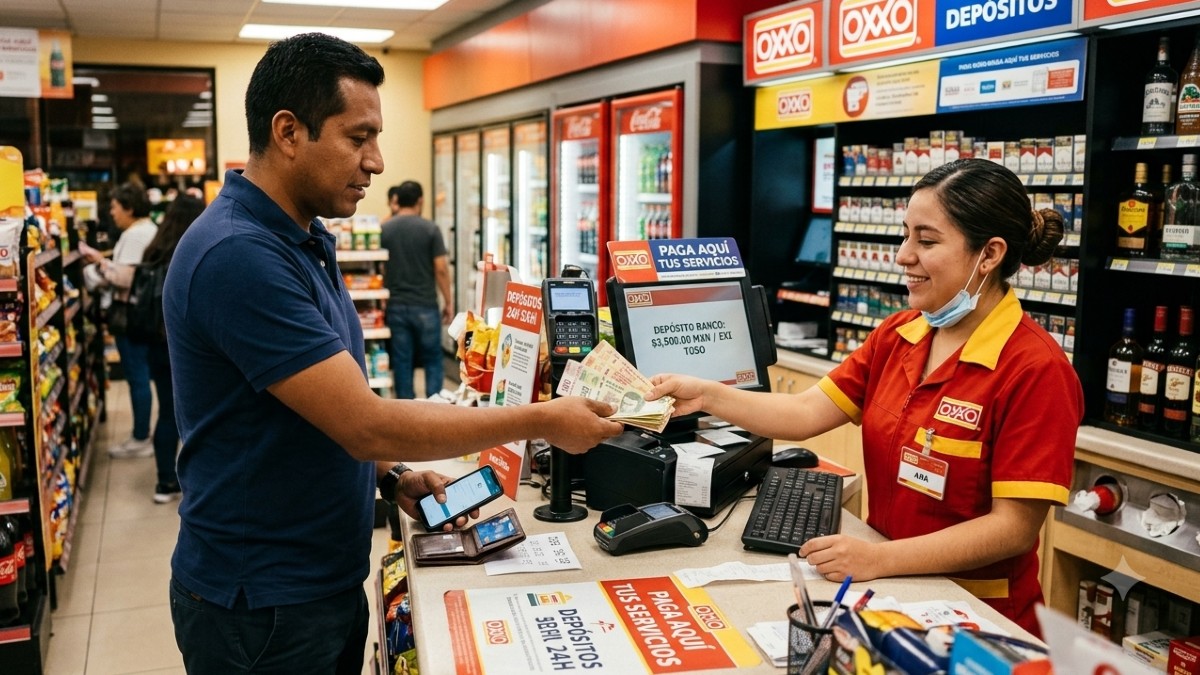 Cliente realizando un depósito en efectivo con una cajera dentro de un Oxxo.