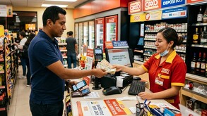 Cliente realizando un depósito en efectivo con una cajera dentro de un Oxxo.