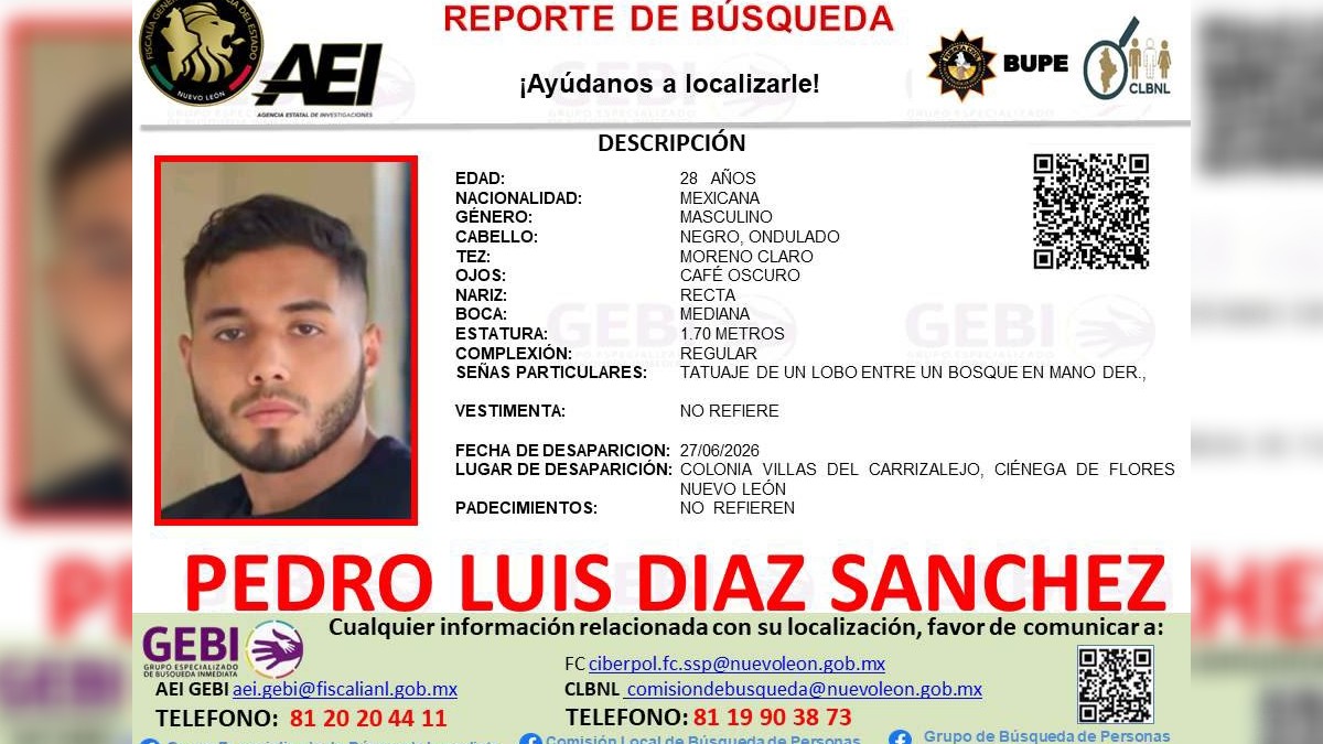 Pedro Luis Díaz Sánchez, joven desaparecido localizado en Nuevo León.