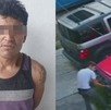 Hombre detenido por la policía de Puebla junto a una imagen del mismo hombre robando la defensa de una camioneta.