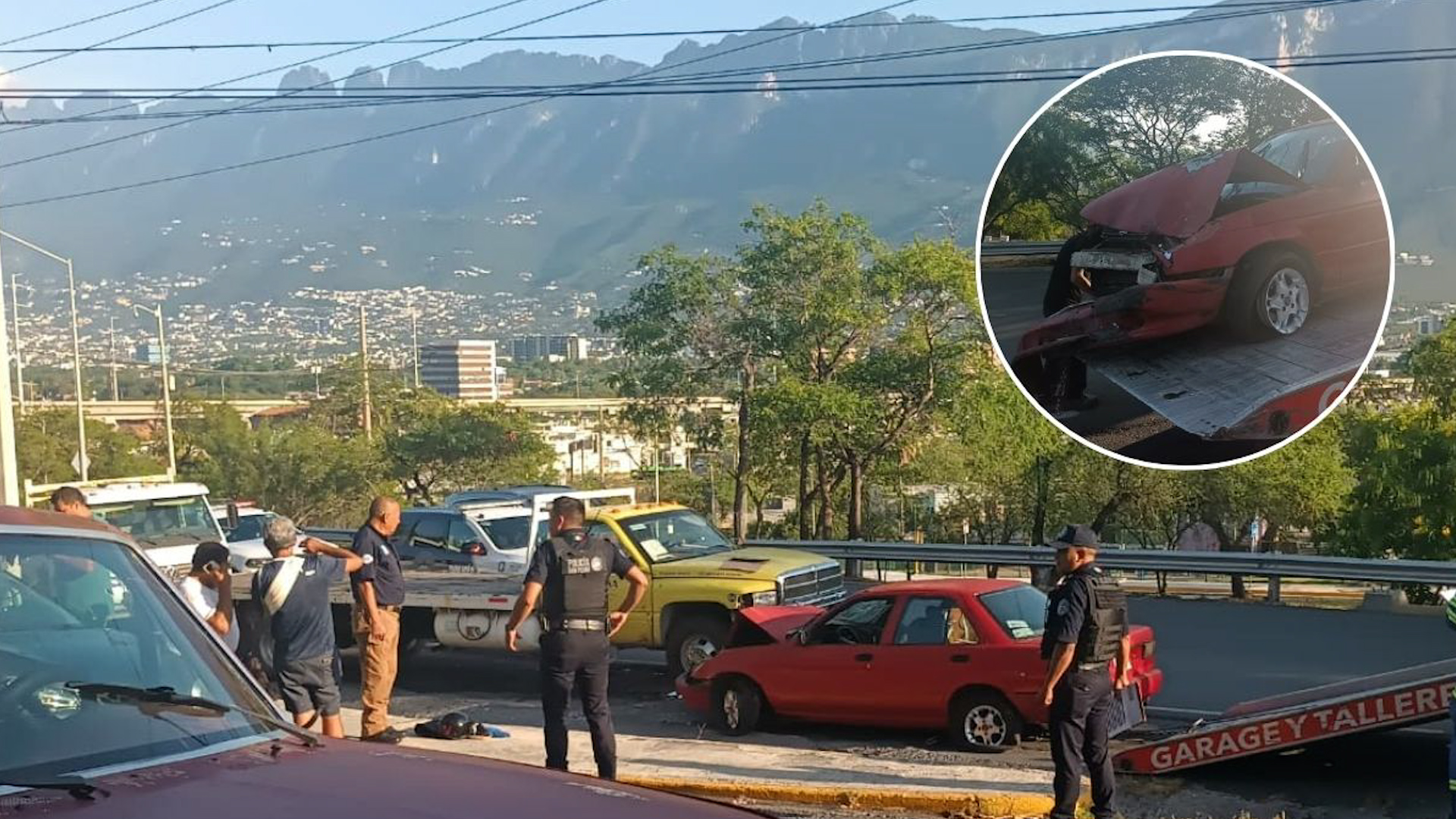 Falla de frenos causa accidente en San Pedro: adulto mayor con fractura de brazo y mujer lesionada. Ambos atendidos por paramédicos.
