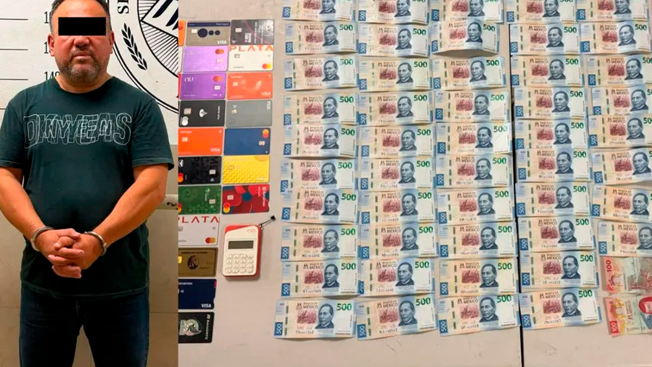 Un hombre fue detenido en San Pedro Garza García con 47 tarjetas bancarias, una terminal de cobro y más de 24 mil pesos en efectivo.