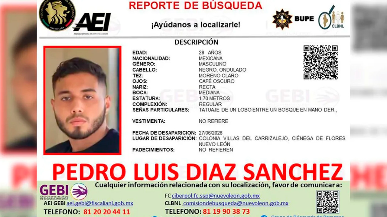 Pedro Luis Díaz Sánchez, de 28 años, fue localizado con vida en el Centro de Monterrey tras ser reportado como desaparecido desde el 27 de junio.