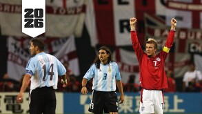 David Beckham celebrando durante el partido de Inglaterra vs Argentina en el Mundial 2002.