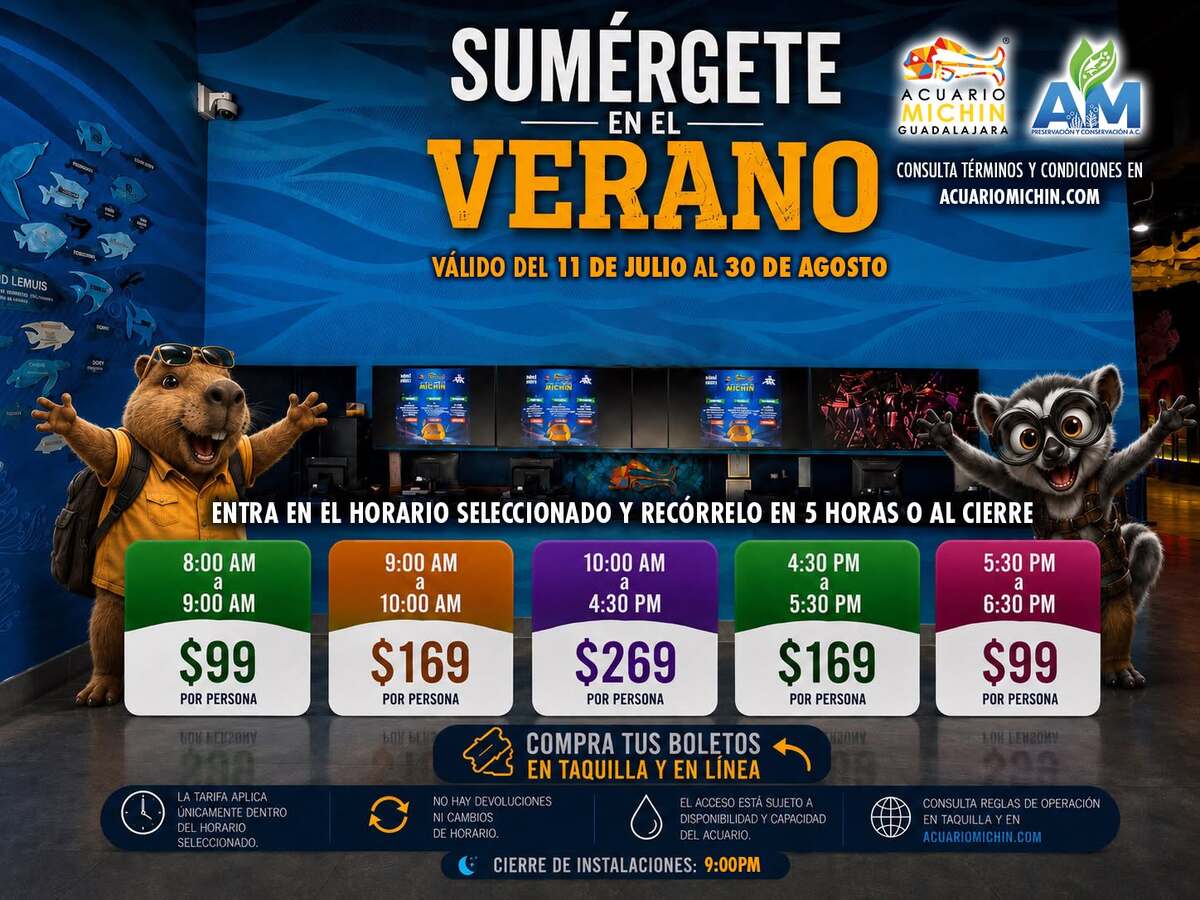 ¡Aprovecha el verano en el Acuario Michin Guadalajara! Descubre los precios especiales desde $99 pesos por persona, los bloques de horarios y restricciones.