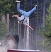 Bisonte embistiendo y arrojando varios metros en el aire a un adulto mayor en el parque de Yellowstone con árboles y una camioneta blanca alrededor