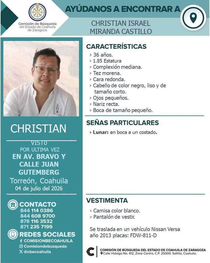 La Comisión de Búsqueda del Estado de Coahuila solicita el apoyo de la ciudadanía para dar con el paradero de Christian Israel Miranda Castillo.