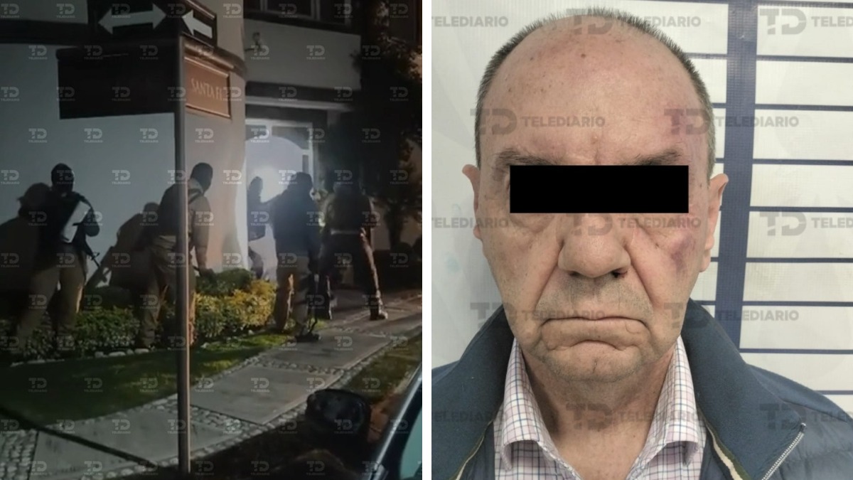 imagen compuesta por agentes de la fiscalía de puebla realizan un cateo en una vivienda y un hombre detenido