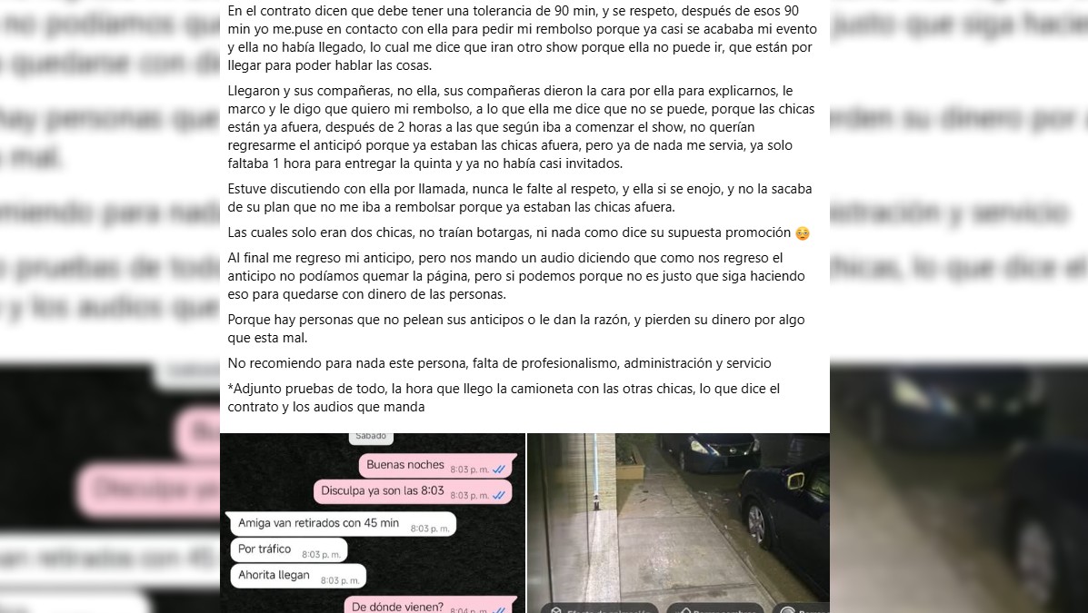Queja de regia sobre show en redes sociales.