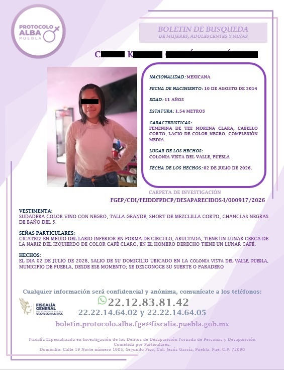 Ficha de desaparición de una menor de edad en Puebla.