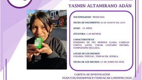 Ficha de búsqueda de una adolescente de nombre Jazmín buscada en Tehuacán.