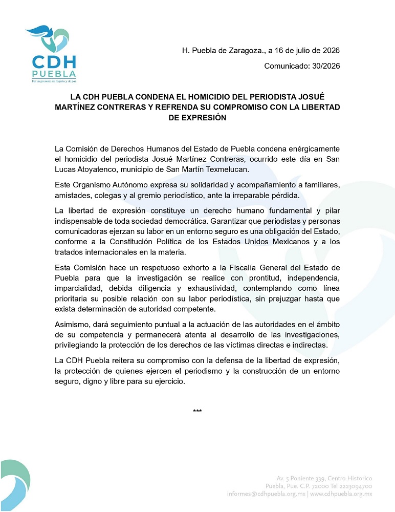 Comunicado de la CDH Puebla condenando el crimen contra un periodista de nombre Josué Martínez.