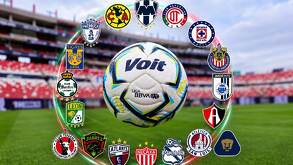 Balón de la Liga MX para el Torneo Apertura 2026 junto a los escudos de los 18 clubes en Primera División.