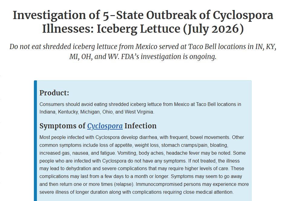 Un brote de Ciclospora en Taco Bell deja más de 1,600 enfermos y 94 hospitalizados en EU. Investigan a un proveedor de lechuga en México. Aquí los detalles.