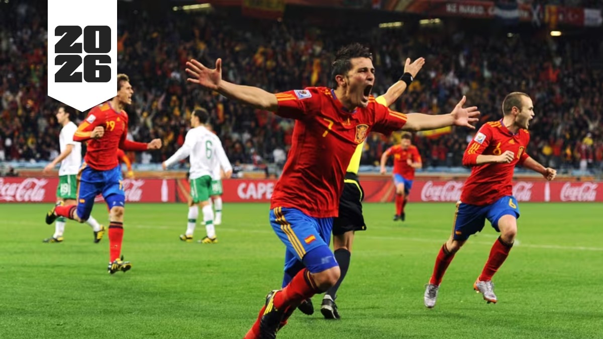 David Villa celebrando un gol de España en el Mundial 2010.
