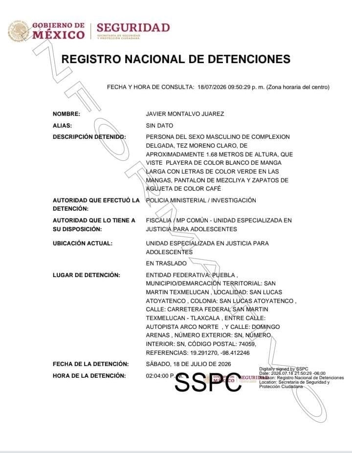 Ficha de detención de Javier Montalvo Juárez, edil auxiliar de San Lucas Atoyatenco en Puebla.