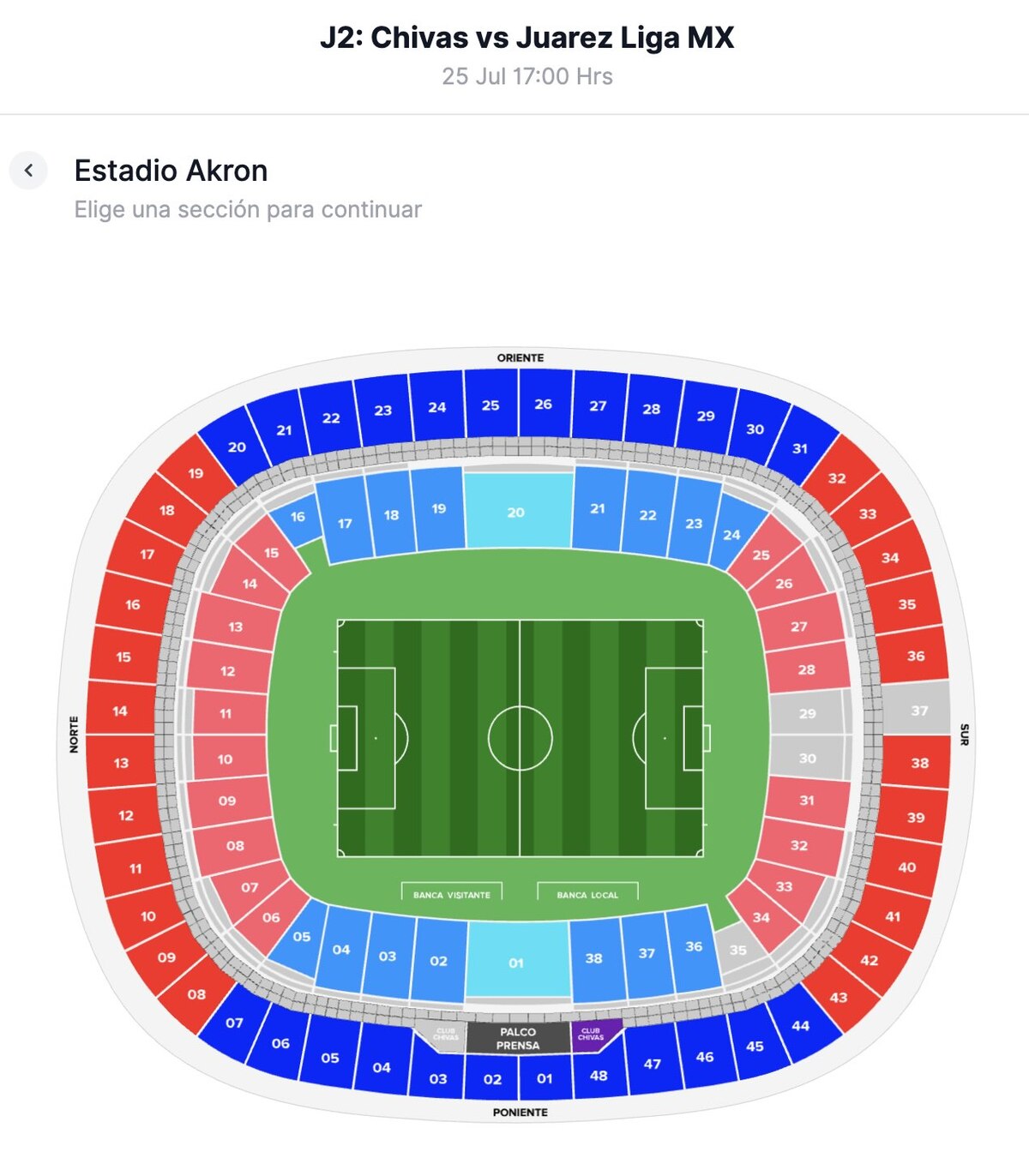 Mapa de los boletos de Chivas vs Juarez FC en Boletomovil