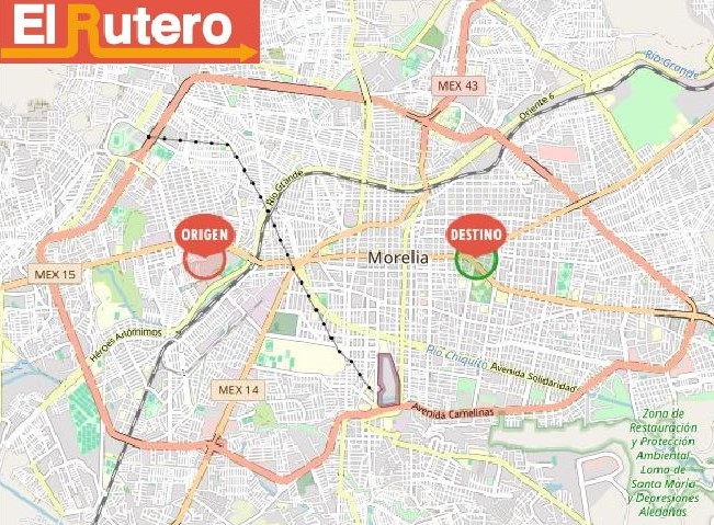 Mapa de la ciudad de Morelia con puntos marcados de origen y destino y el logo de la plataforma 'El Rutero' en la esquina superior izquierda
