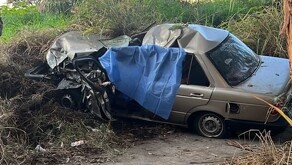 Automóvil tipo tsuru color arena destruido de la parte delantera y con una manta azul en el lado del conductor tras chocar contra un árbol