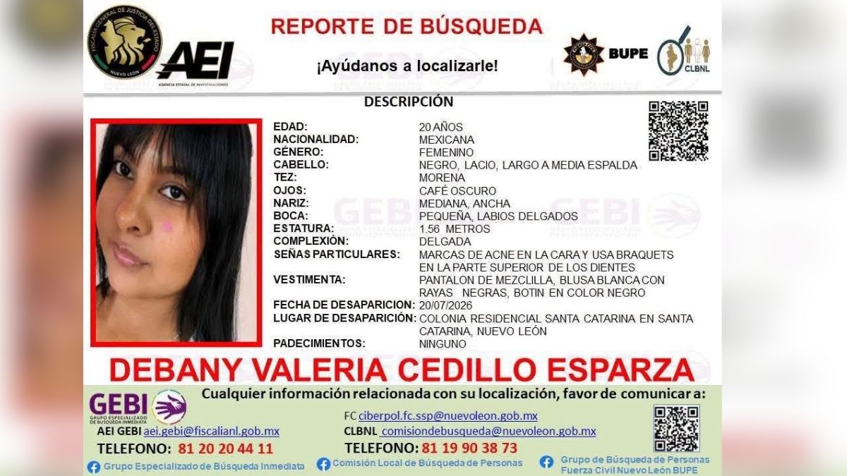 Ficha de desaparición de la estudiante desaparecida de 20 años, Debany Valeria