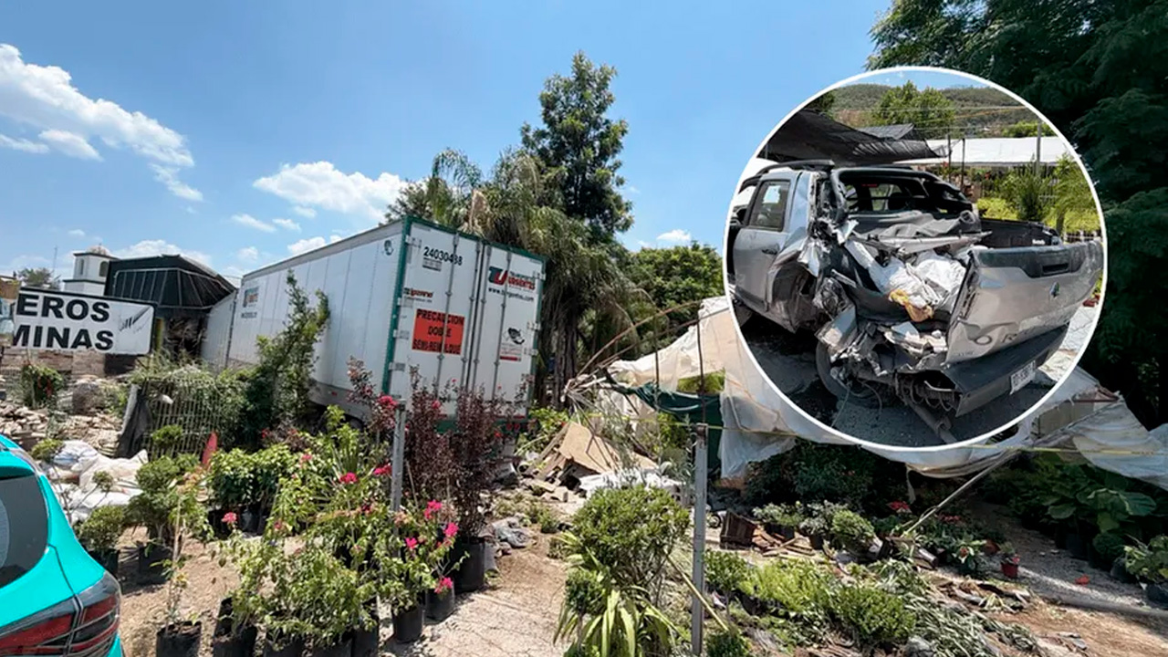 Un tráiler presuntamente perdió el control tras un cerrón y se impactó contra dos vehículos estacionados antes de incrustarse en un negocio de plantas.