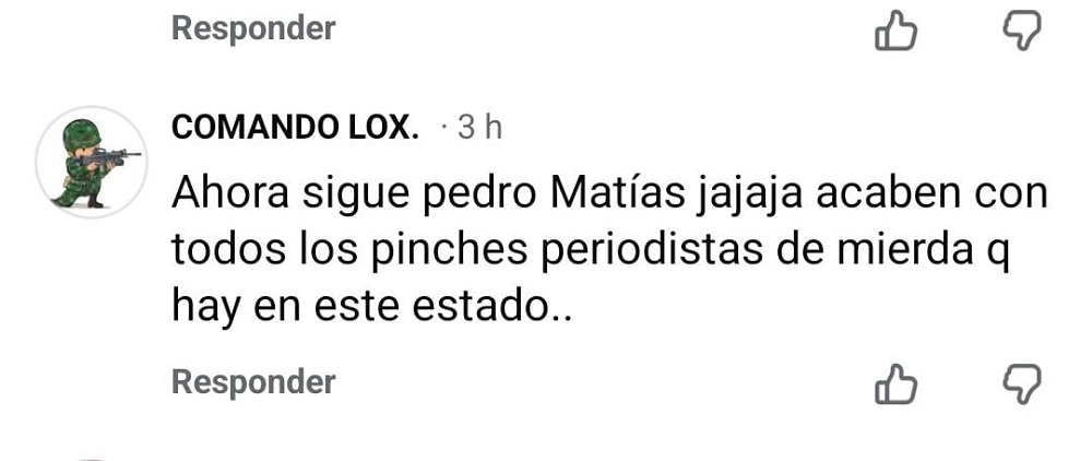 Mensaje de Facebook donde se amenaza de muerte a un periodista.
