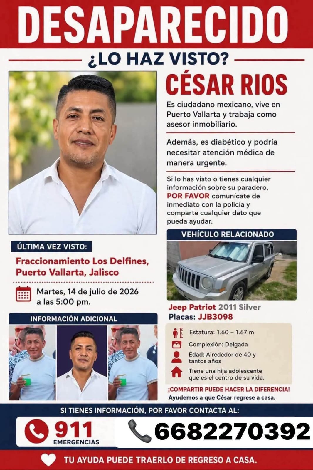 Encuentran la camioneta del asesor inmobiliario César Ríos en Puerto Vallarta. Su familia pide apoyo urgente debido a su salud. Lee más.