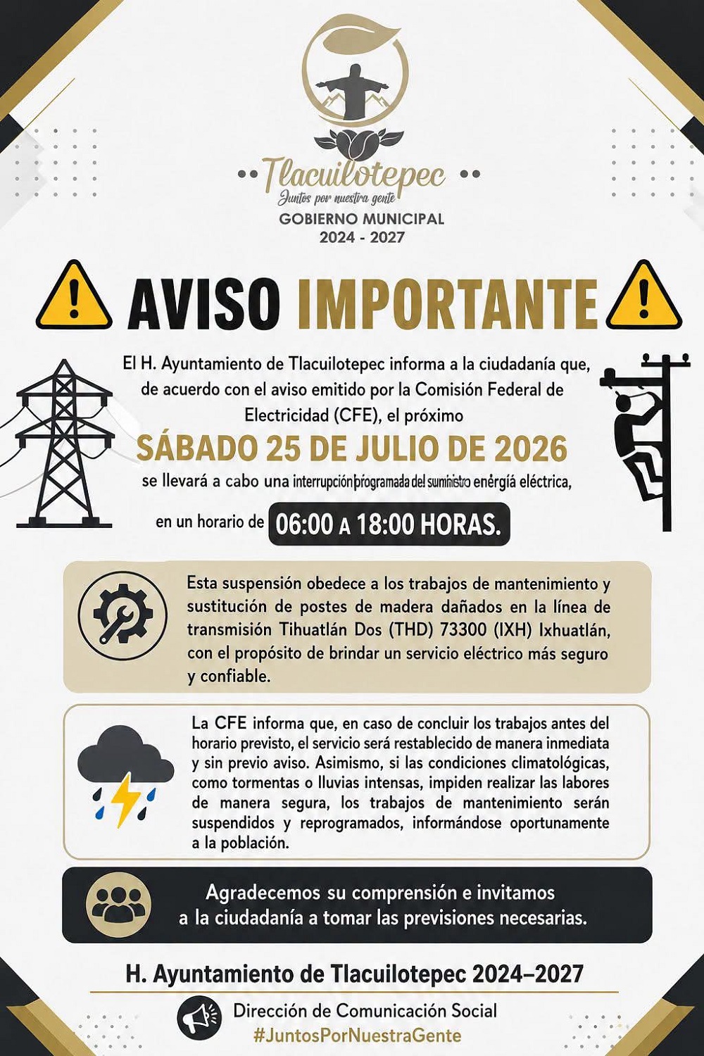 Infografía que anuncia un apagón masivo de electricidad en un municipio de Puebla.