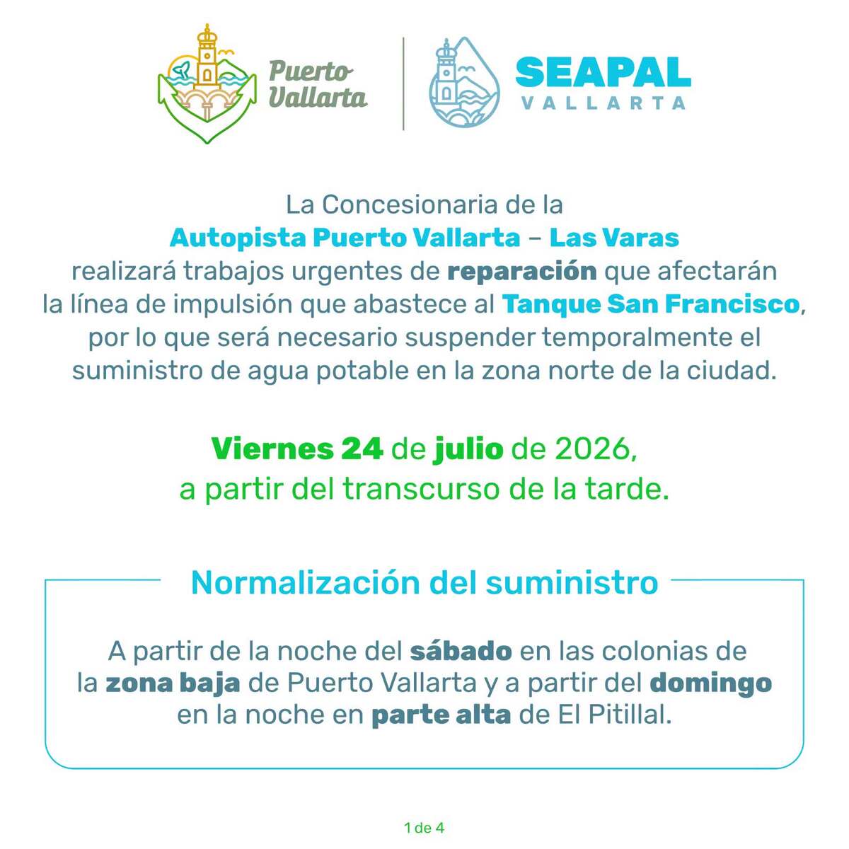 SEAPAL Vallarta confirma megacorte de agua este viernes en el norte de la ciudad. Revisa la lista de colonias y cuándo regresa el servicio.