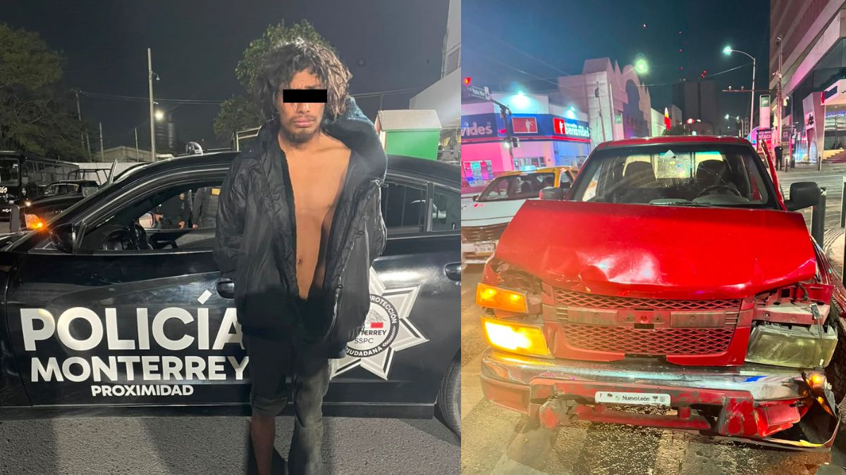 Un hombre fue detenido en Monterrey tras presuntamente robar una camioneta y chocar durante la huida, accidente en el que dos personas resultaron lesionadas.
