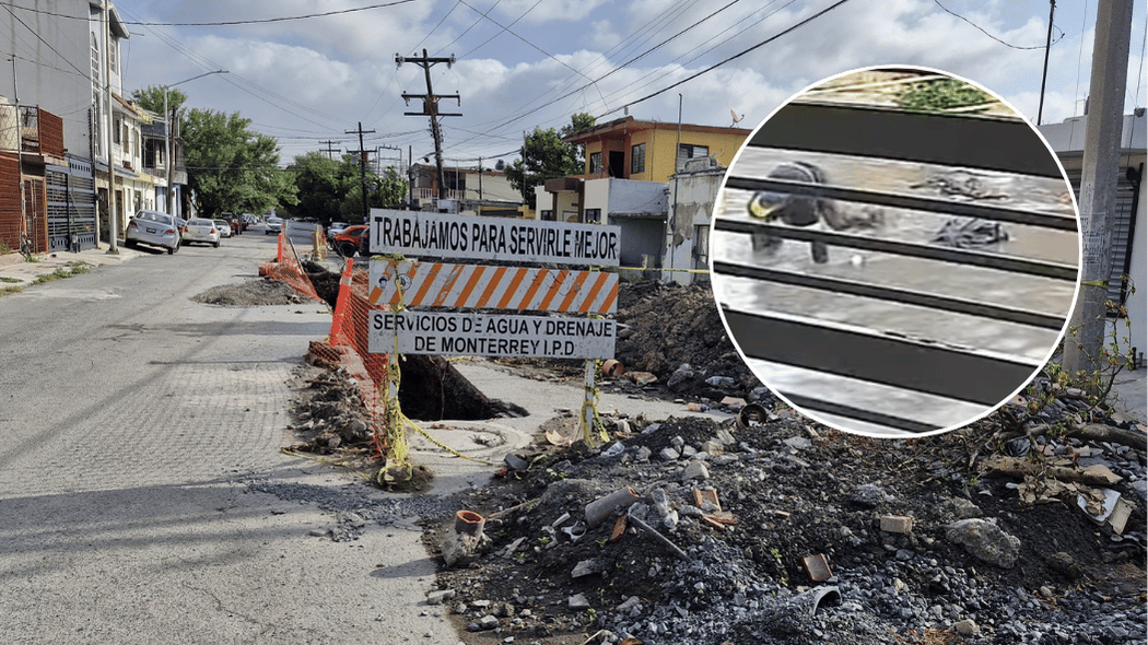 Ciclista cae en obra inconclusa de Agua y Drenaje en la colonia Madero, Monterrey. Vecinos exigen tapar la zanja inundada tras dos meses de abandono.