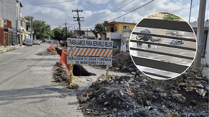 Ciclista cae en obra inconclusa de Agua y Drenaje en la colonia Madero, Monterrey. Vecinos exigen tapar la zanja inundada tras dos meses de abandono.