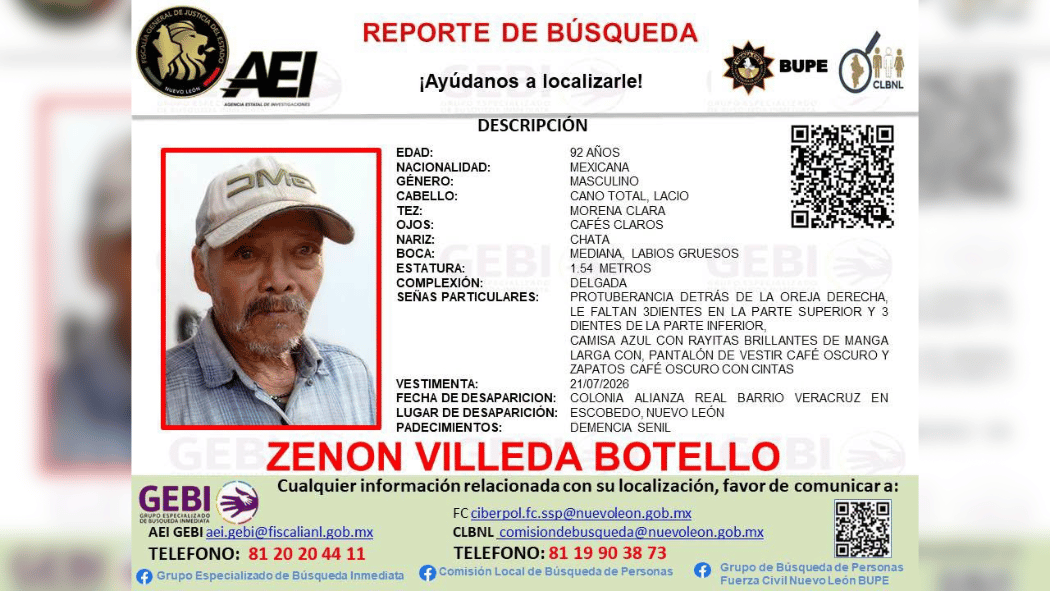 Fiscalía de NL emite reporte de búsqueda para localizar a Zenón Villeda Botello, de 92 años, desaparecido en la colonia Alianza Real, en Escobedo.