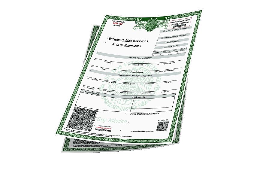 Ilustración de un formato de acta de nacimiento de México color verde