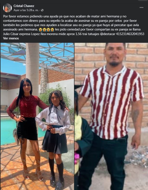 Cristal Chávez, hermana de la joven asesinada pidió apoyo para cubrir los gastos funerarios.