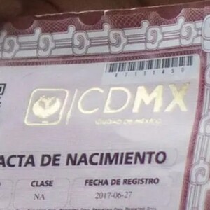 Persona sosteniendo la esquina de un acta de nacimiento de la Ciudad de México color rojo con un código QR