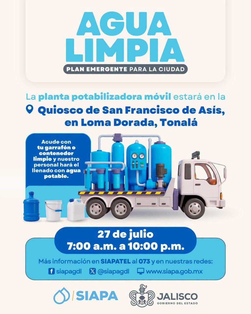 ¿Vives en Tonalá? Llena tus garrafones totalmente gratis en la planta potabilizadora móvil instalada en Loma Dorada. Revisa aquí ubicación y requisitos.
